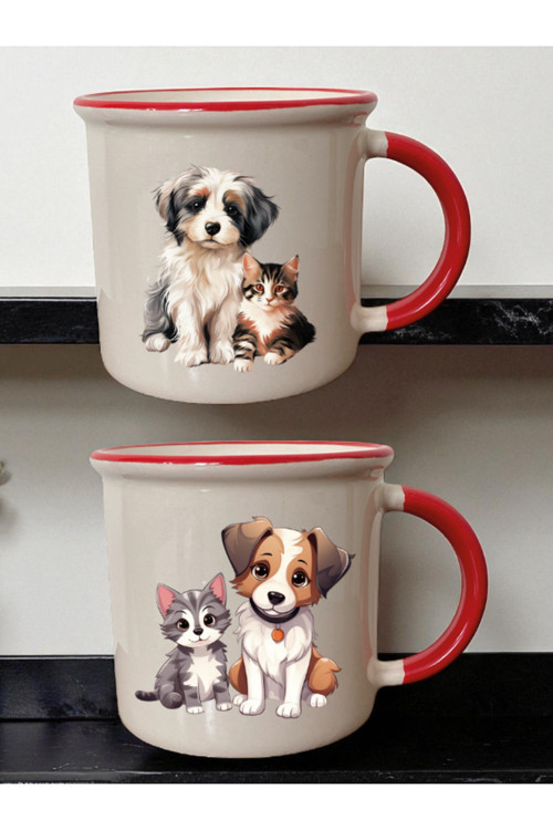 Kedi Köpek 2'li Ağzı Kırmızı Kupa - Kız Çocuğuna Hediye, Babaya Hediye Fikirleri, Kutu Hediye Ürünü