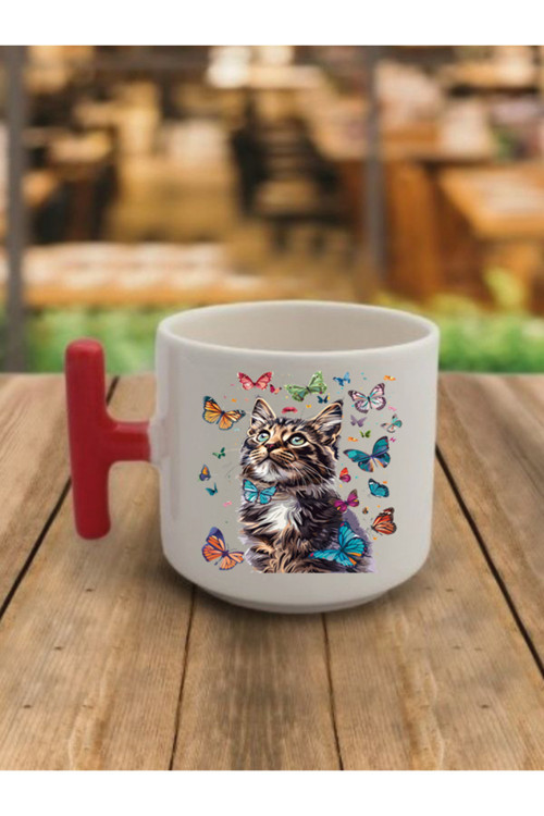 Kelebekli Kedi Temalı Kahve Bardağı Kupa Bardak - Seramik Çay, Kahve Hediyelik Bardağı