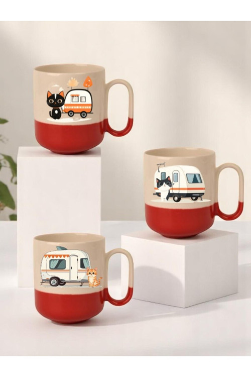 Karavan ve Kedi Baskılı 3'lü Kırmızı Tabanlı Seramik Kupa Bardak