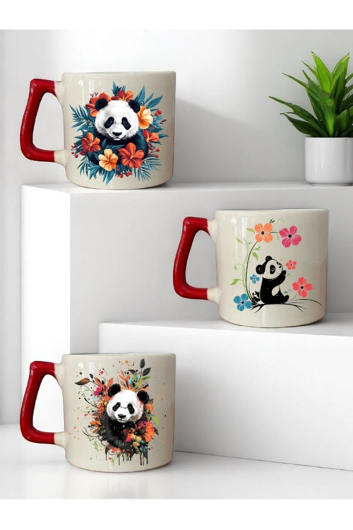 Panda ve Çiçek Baskılı Kırmızı Kulplu 3'lü Kupa Bardak Seramik Kahve Bardağı