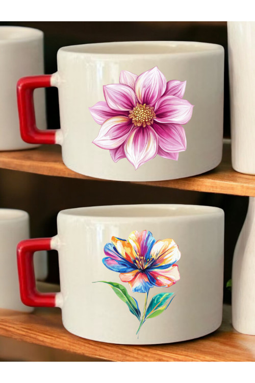 Güzel Çiçek 2'li Kupa Bardak - Mug Kupa Bardak, Modern Kupa Bardak, Misafir Çay Bardağı