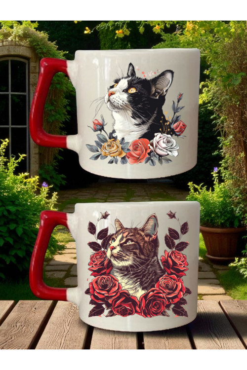 Çiçekler İçinde Kedi Kahve Bardağı - Anneler Günü Hediyesi, Doğum Günü Hediyelikleri