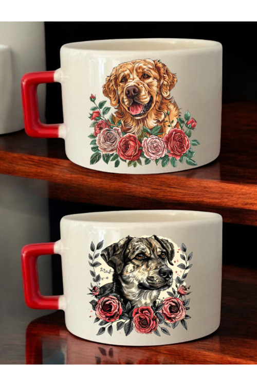 Güllü Köpek Baskılı 2'li Kahve Fincanı Seramik Kupa - Seramik Çay, Kahve Hediyelik Bardağı