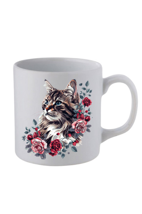 Güllü Kedi Baskılı Beyaz Kupa Bardak - Seramik Çay, Kahve Hediyelik Bardağı
