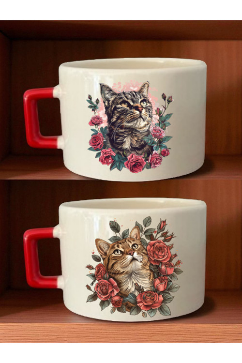 Çiçekler İçinde Kedi Baskılı Kahve Fincanı - Öğretmenler Günü Hediyeleri, Hediyelik Eşya