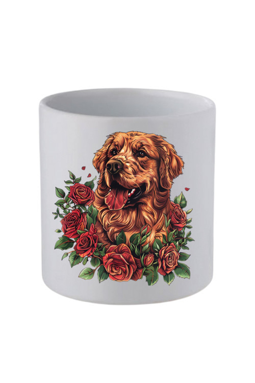 Güllü Köpek Baskılı Kulpsuz Kupa Bardak - Hediye Kahve Kupası, Su Bardağı