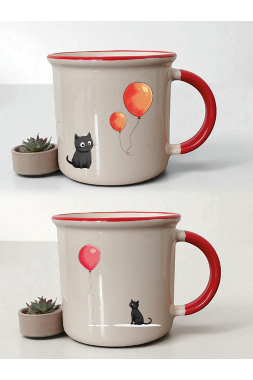 Balon Kedi Baskılı 2'li Ağzı Kırmızı Kupa - Anneler Günü Hediye, Evlilik Yıldönümü Hediyesi Kadın