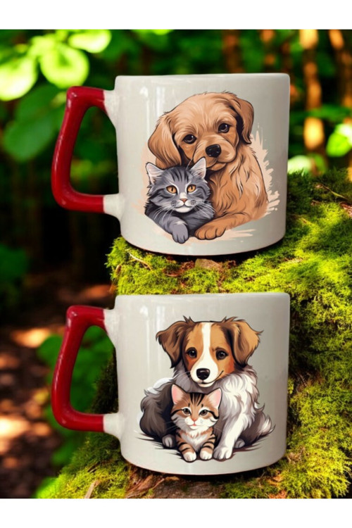 Kedi Köpek Sevgisi Baskılı 2'li Bardak - Hediyelik Eşya Ürün Seramik Bardak