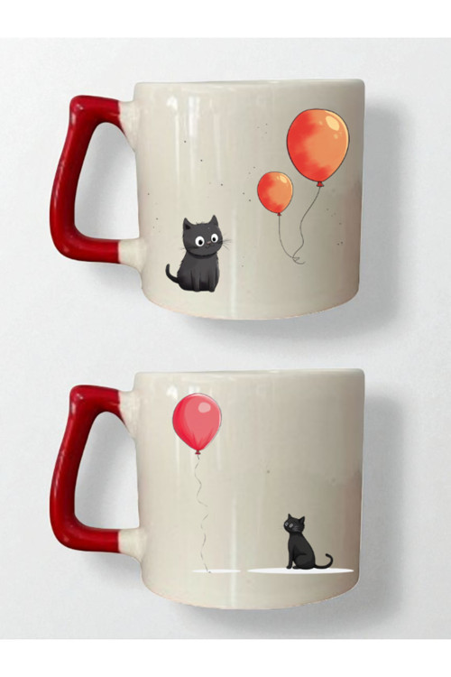 Balon Kedi Baskılı 2'li Kupa - Anneler Günü Hediye, Evlilik Yıldönümü Hediyesi Kadın
