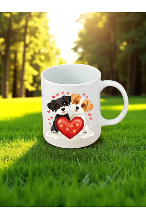 Kalpli Sevimli Köpekler Baskılı Beyaz Kupa Bardak - Baba Için Doğum Günü Hediyesi Hediyelik Eşya