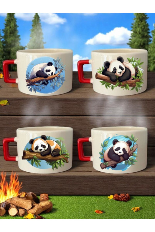 Panda Baskılı 4'lü Fincan - Seramik Kupa Bardak Hediyelik Eşya Ürün