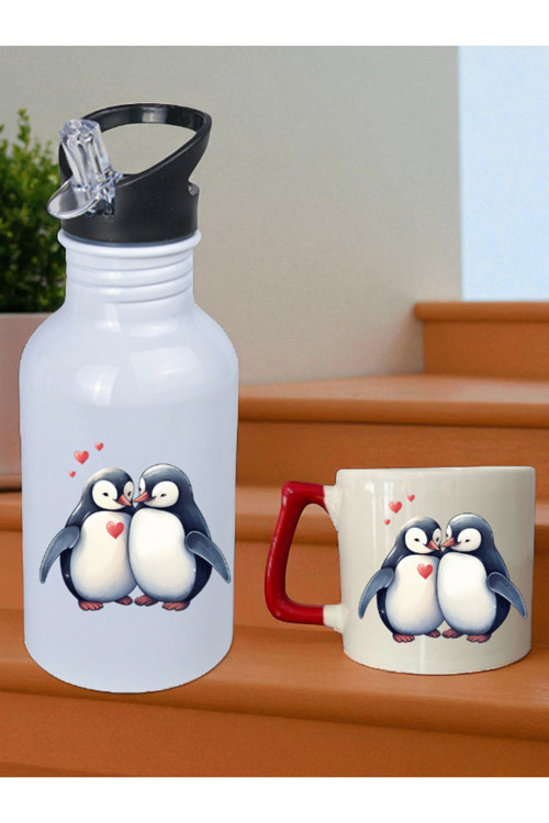 Penguen Teması Baskılı 600 ml Matara ve 250 ml Bardak - Su Matarası Suluk ve Bardak Seti
