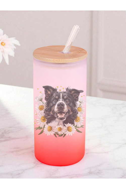 Papatyalı Köpek Baskılı 600 ml Cam Matara- Su Matarası, Suluk Matara, Cam Pipetli Matara