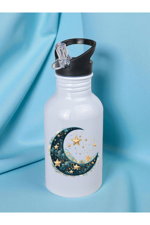 Modern Ay Baskılı Matara Suluk 600 ml - Sporcu Suluğu, Büyük Suluk, Spor Matara, Sporcu Sulukları