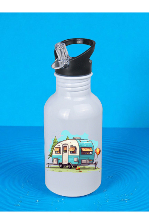 Mavi Karavan Baskılı Matara Suluk 600 ml - Kız Çocuk Suluk, Kız Sulukları