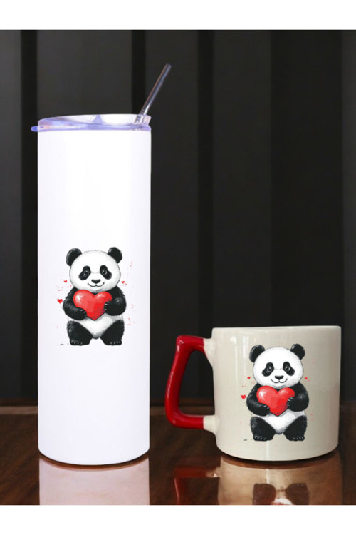 Panda Kalp Baskılı 600 ml Termos ve 250 ml Bardak - Pipetli Termos ve Bardak Seti