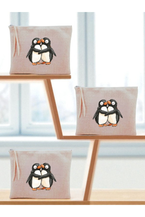 Sarılan Penguenler Baskılı 3'lü Makyaj Çantası 20x25 Cm - Büyük Makyaj Çantası