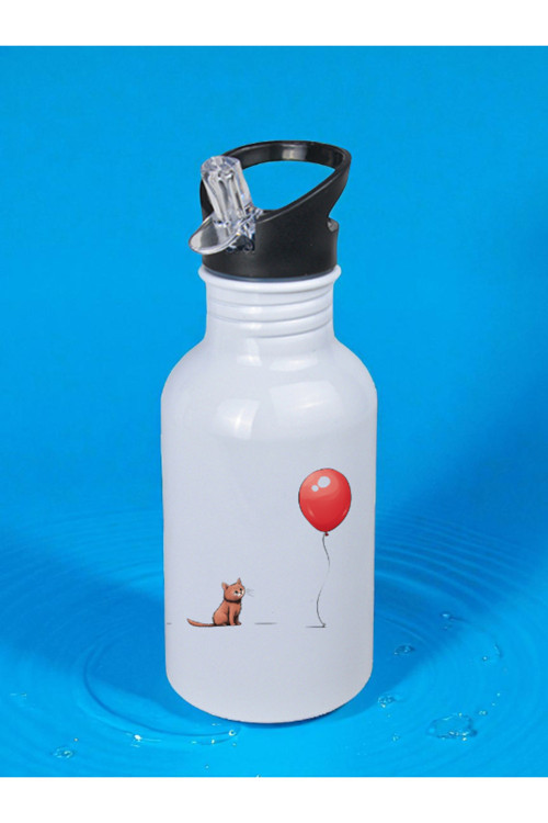 Kedi Balon Baskılı Matara Suluk 600 ml - Kız Çocuk Suluk, Kız Sulukları