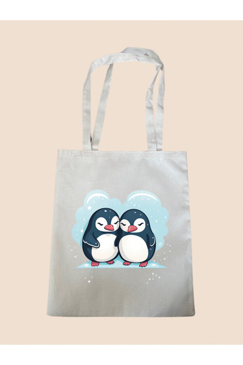 Penguen Baskılı Bez Çanta - Büyük Boy Kadın Omuz Çantası