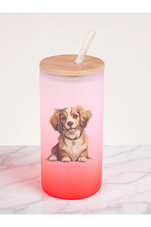 Sevimli Köpek Baskılı 600 ml Cam Matara- Su Matarası, Suluk Matara, Cam Pipetli Matara