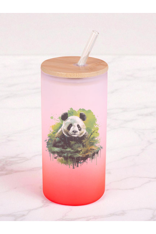 Yeşillikler İçinde Panda Baskılı 600 ml Cam Matara- Su Matarası, Suluk Matara, Cam Pipetli Matara