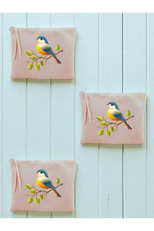 Sevimli Kuş Baskılı 3'lü Makyaj Çantası 20x25 Cm - Seyahat Makyaj Çantası