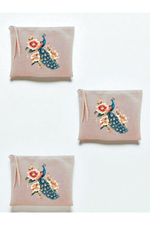 Tavus Kuşu Baskılı 3'lü Makyaj Çantası 20x25 Cm - Büyük Makyaj Çantası