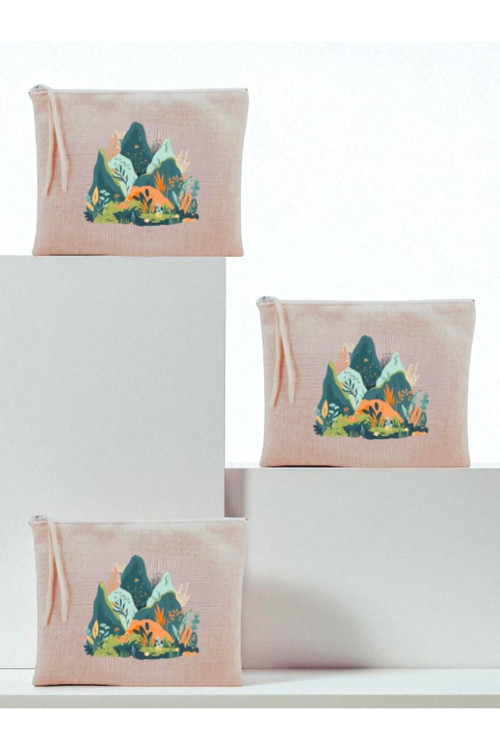 Doğa Baskılı 3'lü Makyaj Çantası 20x25 Cm - Kadın Doğum Günü Hediyesi Kadın Hediye Ürün