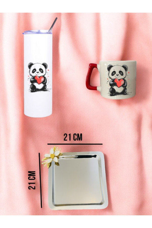 Kalp ve Panda Temalı Pipetli Termos, Kupa Bardak ve Kahve Sunum Tepsisi Konsept Hediyelik