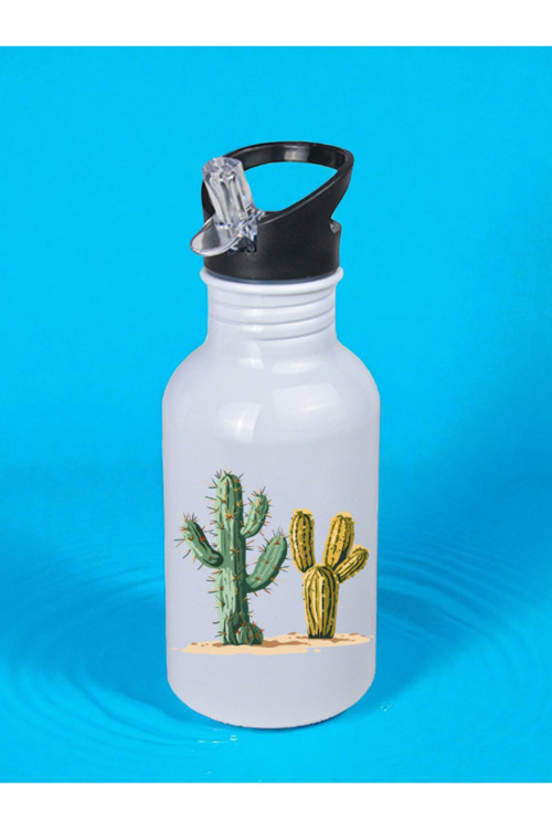 Kaktüsler Baskılı Matara Suluk 600 ml - Kız Çocuk Suluk, Kız Sulukları