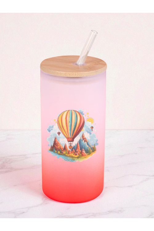 Uçan Balon Baskılı 600 ml Cam Matara- Su Matarası, Suluk Matara, Cam Pipetli Matara