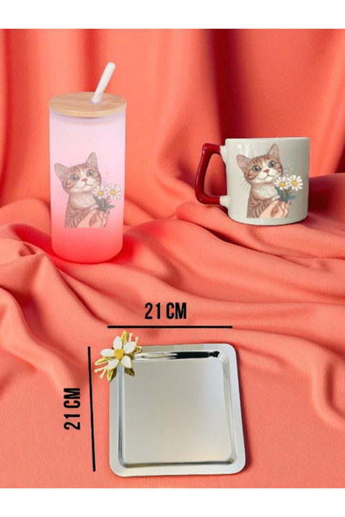 Papatyalı Kedi Temalı Kırmızı Matara, Kupa Bardak ve Kahve Sunum Tepsisi Konsept Hediyelik