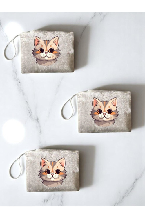 Kedi Baskılı 3'lü El Çantası Para Çantası