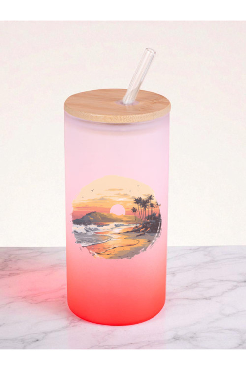 Yaz Tatili Baskılı 600 ml Cam Matara- Su Matarası, Suluk Matara, Cam Pipetli Matara