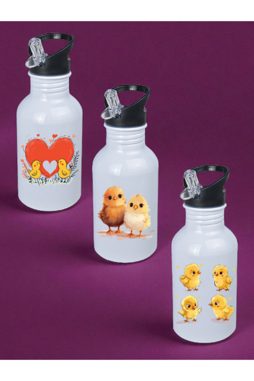 Civcivler Baskılı 3'lü 600 ml Matara Suluk - Kız Çocuk Matara, Erkek Çocuk Matara, Büyük Su Matarası