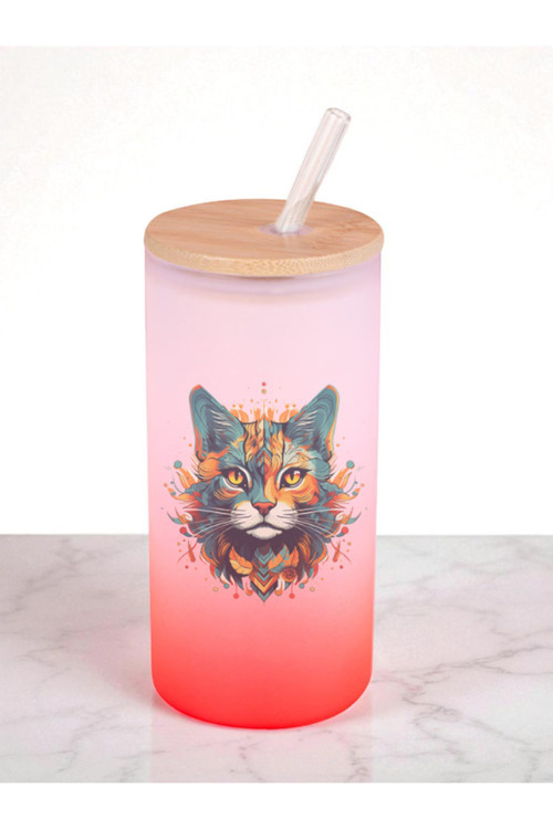 Alevli Kedi Baskılı 600 ml Cam Matara- Su Matarası, Suluk Matara, Cam Pipetli Matara