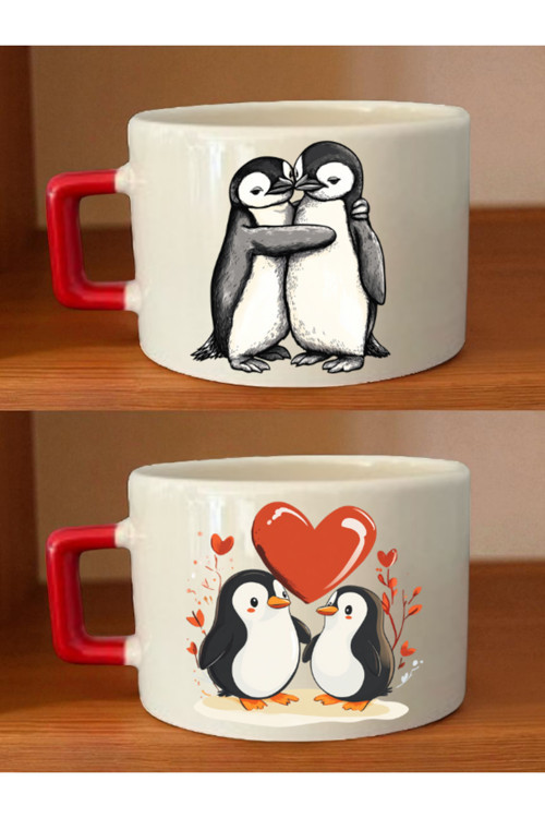 Penguenler Baskılı Kahve Fincanı - Sevgililer Günü Hediye Kadın, Sevgiliye Yılbaşı Hediyesi