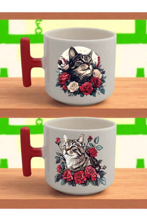 Çiçek İçinde Kedi Baskılı Latte Bardağı - Sevgililer Günü Hediyesi, Doğum Günü Hediyeleri