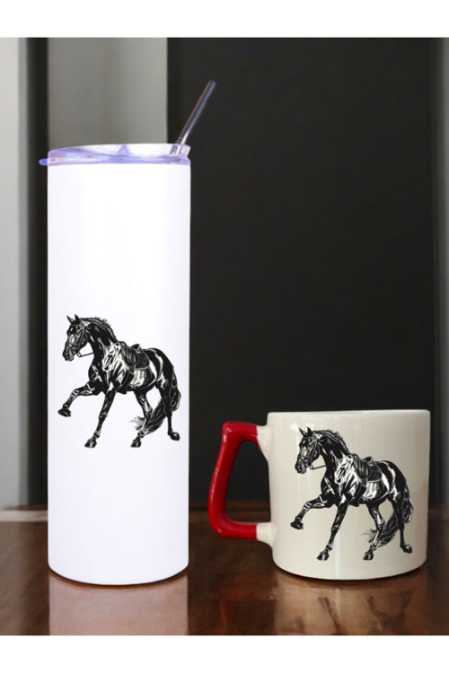 At Baskılı 600 ml Termos ve 250 ml Bardak - Pipetli Termos ve Bardak Seti