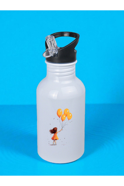 Balonlu Kız Baskılı Matara Suluk 600 ml - Kız Çocuk Suluk, Kız Sulukları