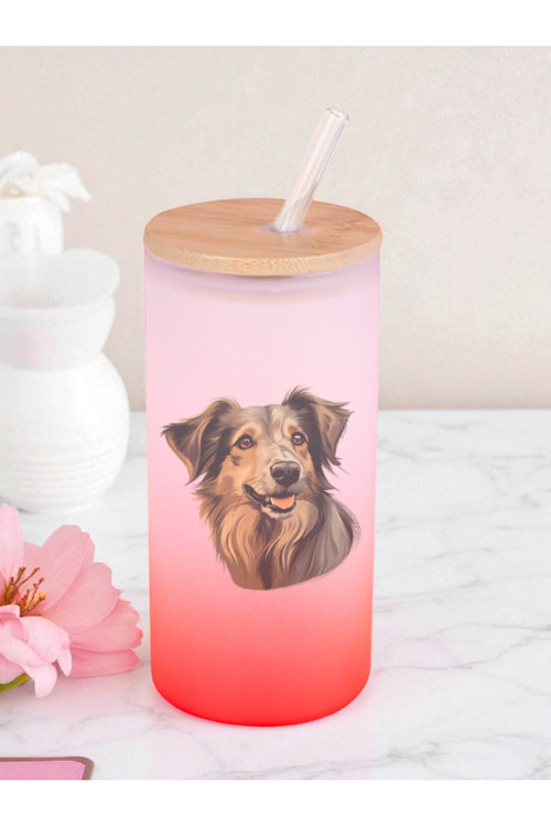 Köpek Baskılı 600 ml Cam Matara- Su Matarası, Suluk Matara, Cam Pipetli Matara