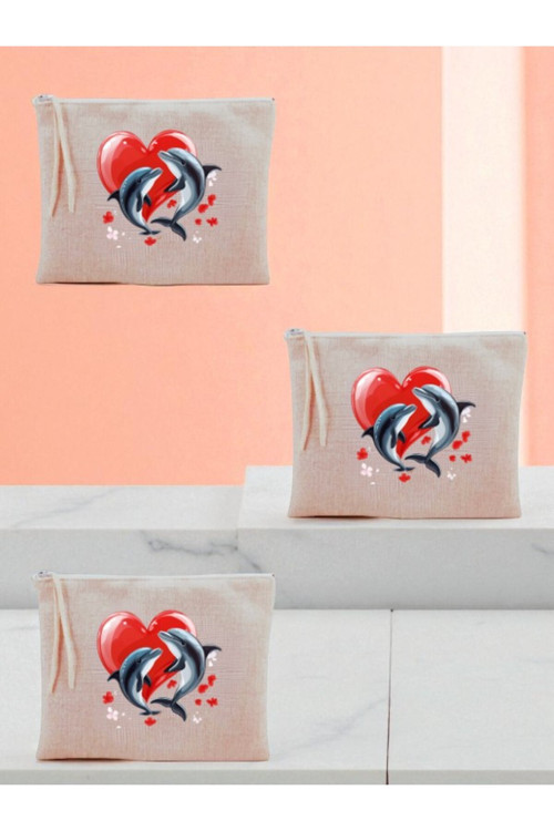 Kalp Ve Yunus Baskılı 3'lü Makyaj Çantası 20x25 Cm - Kadın Doğum Günü Hediyesi Kadın Hediye Ürün