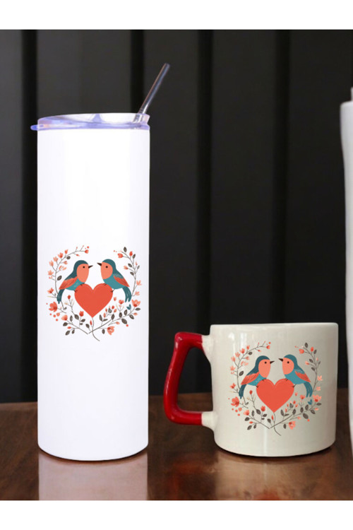 Çiçek Kuş Baskılı 600 ml Termos ve 250 ml Bardak - Pipetli Termos ve Bardak Seti