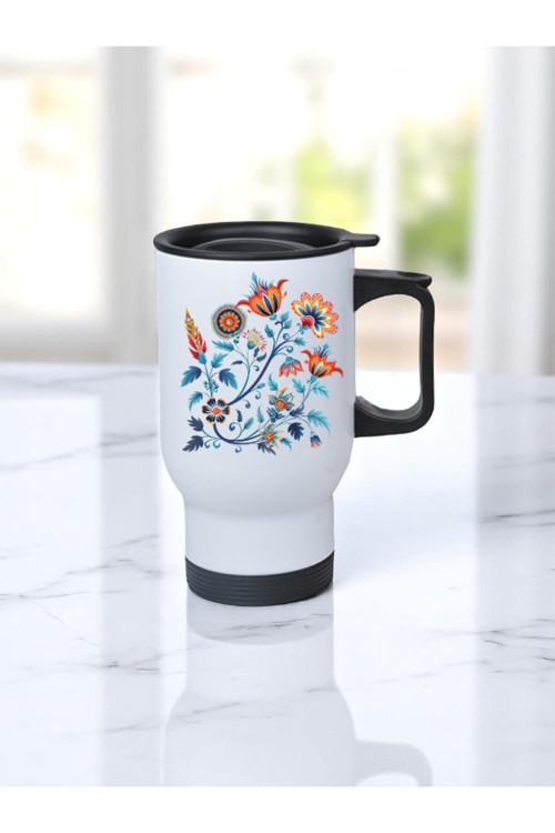 Çiçekler Teması Baskılı Kulplu Çelik Bardak Termos 450 ml