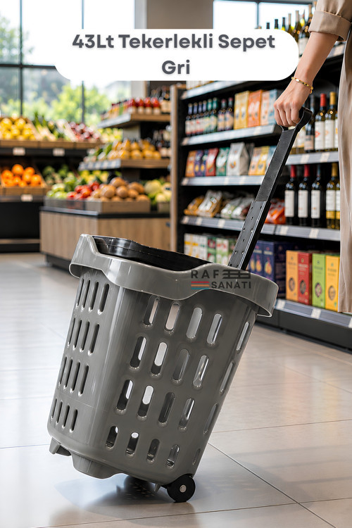 43 LT Tekerlekli Market Sepeti | Plastik Alışveriş Sepeti Ergonomik Çift Saplı Gri