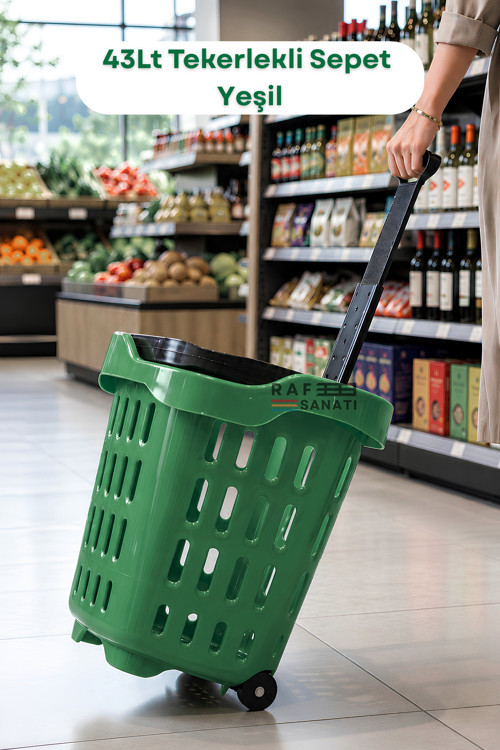 43 LT Tekerlekli Market Sepeti | Plastik Alışveriş Sepeti Ergonomik Çift Saplı Yeşil