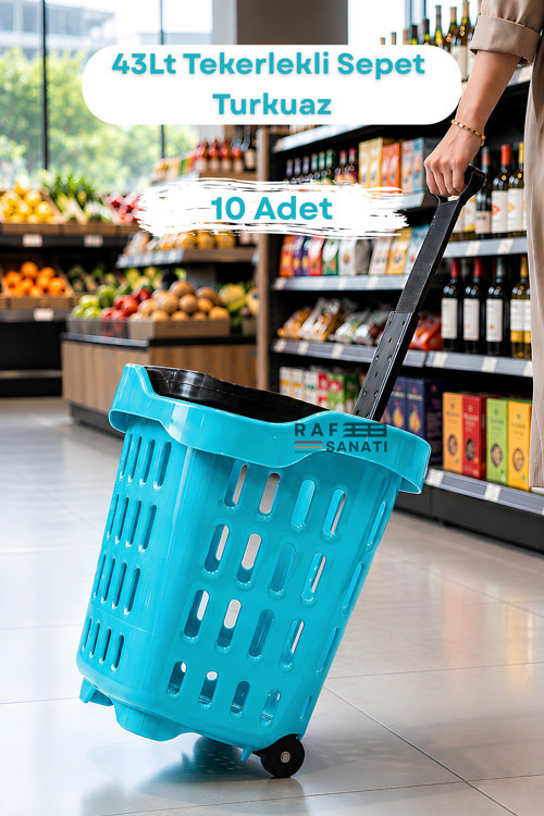 10 Adet - 43 LT Tekerlekli Market Sepeti | Plastik Alışveriş Sepeti Ergonomik Çift Saplı Turkuaz