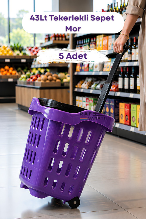 5 Adet - 43 LT Tekerlekli Market Sepeti | Plastik Alışveriş Sepeti Ergonomik Çift Saplı Mor