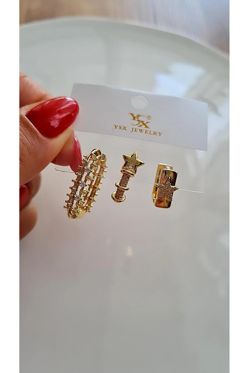14K Altın Rengi Yıldız Detaylı 3'Lü Küpe Seti