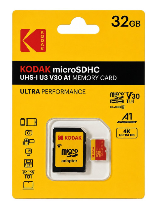 32GB Micro SD UHS-I U3/V30/A1 Hafıza Kartı + Adaptör (Kırmızı)